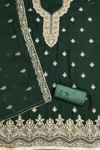 Manvaa women's green heavy thread embroidery georgette dress material