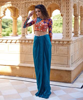 Burnt orange teal satin skirt set 1