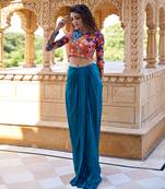 Burnt orange teal satin skirt set