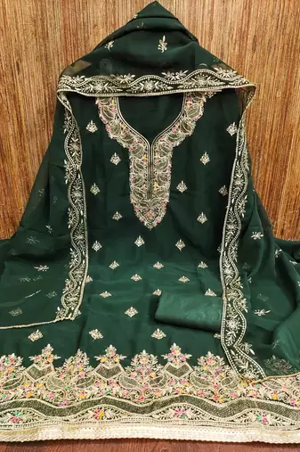 Manvaa women's green heavy thread embroidery georgette dress material
