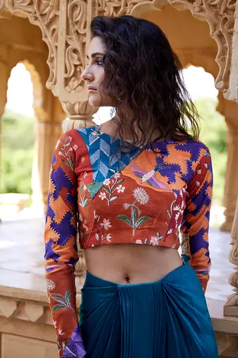 Burnt orange teal satin skirt set