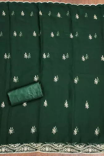 Manvaa women's green heavy thread embroidery georgette dress material