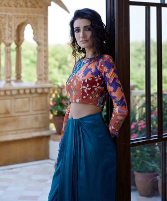 Burnt orange teal satin skirt set 3