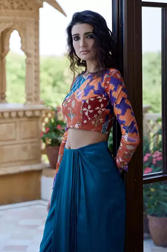 Burnt orange teal satin skirt set