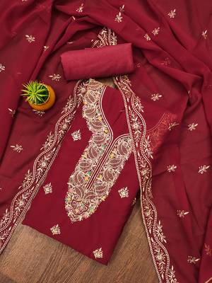Manvaa women's maroon heavy thread embroidery georgette dress material 1