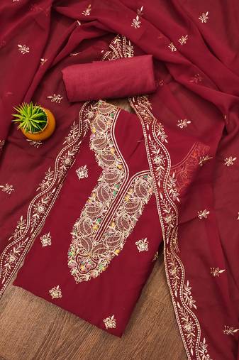 Manvaa women's maroon unstitched heavy thread embroidery georgette dress material 