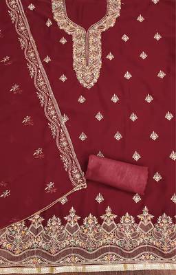 Manvaa women's maroon heavy thread embroidery georgette dress material 2