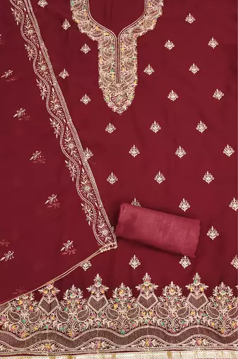 Manvaa women's maroon heavy thread embroidery georgette dress material