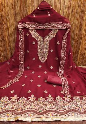 Manvaa women's maroon heavy thread embroidery georgette dress material 3