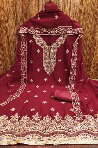 Manvaa women's maroon heavy thread embroidery georgette dress material