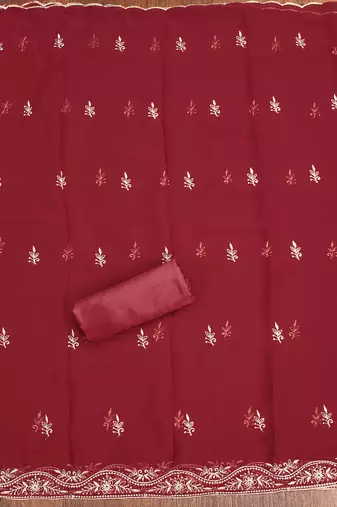 Manvaa women's maroon heavy thread embroidery georgette dress material