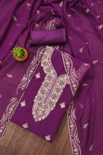 Manvaa women's purple unstitched heavy thread embroidery georgette dress material 