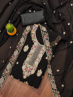 Manvaa women's black heavy thread embroidery georgette dress material 1
