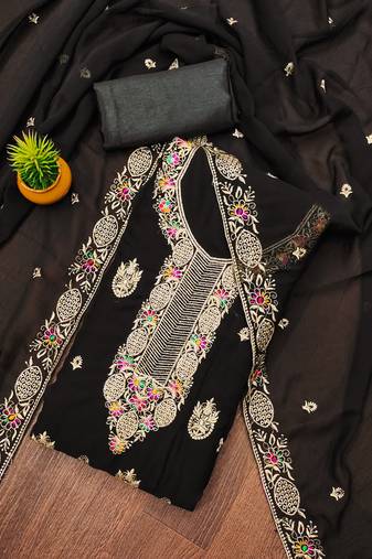 Manvaa women's black unstitched heavy thread embroidery georgette dress material 