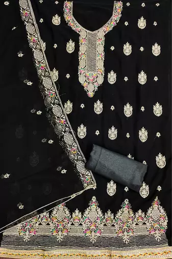 Manvaa women's black heavy thread embroidery georgette dress material