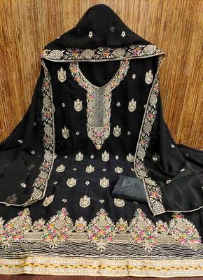 Manvaa women's black heavy thread embroidery georgette dress material 3