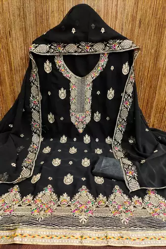 Manvaa women's black heavy thread embroidery georgette dress material