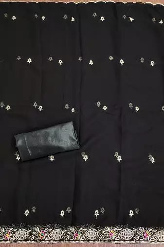 Manvaa women's black heavy thread embroidery georgette dress material