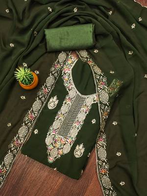 Manvaa women's green heavy thread embroidery georgette dress material 1