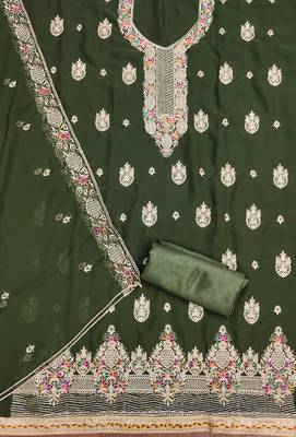 Manvaa women's green heavy thread embroidery georgette dress material 2