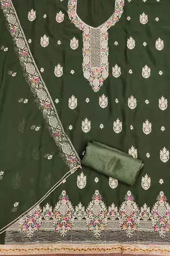 Manvaa women's green heavy thread embroidery georgette dress material