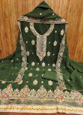 Manvaa women's green heavy thread embroidery georgette dress material 3