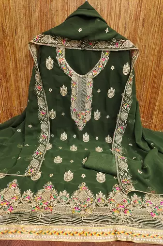 Manvaa women's green heavy thread embroidery georgette dress material