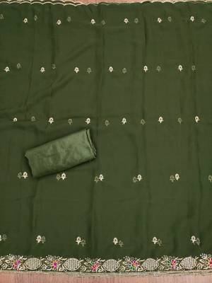 Manvaa women's green heavy thread embroidery georgette dress material 4
