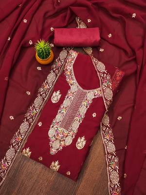 Manvaa women's maroon heavy thread embroidery georgette dress material 1