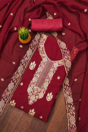 Manvaa women's maroon unstitched heavy thread embroidery georgette dress material 