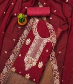Manvaa women's maroon unstitched heavy thread embroidery georgette dress material 