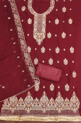 Manvaa women's maroon heavy thread embroidery georgette dress material 2