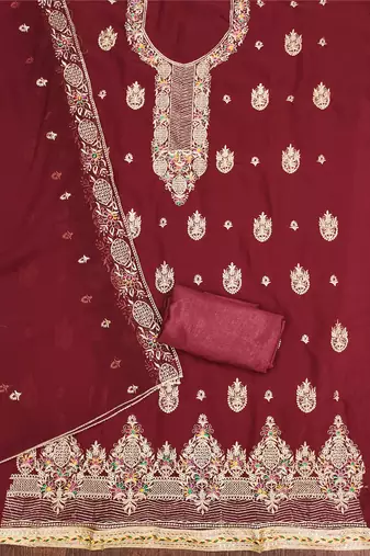 Manvaa women's maroon heavy thread embroidery georgette dress material