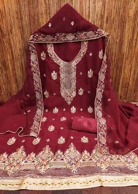 Manvaa women's maroon heavy thread embroidery georgette dress material 3