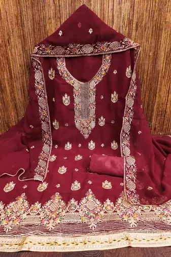 Manvaa women's maroon heavy thread embroidery georgette dress material