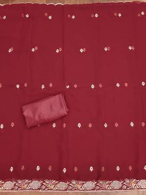 Manvaa women's maroon heavy thread embroidery georgette dress material 4