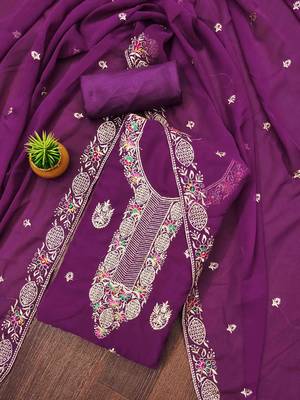 Manvaa women's purple heavy thread embroidery georgette dress material 1