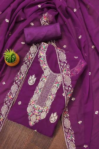 Manvaa women's purple unstitched heavy thread embroidery georgette dress material 