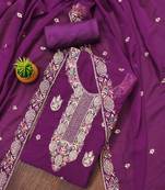 Manvaa women's purple unstitched heavy thread embroidery georgette dress material 