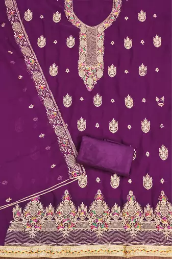 Manvaa women's purple heavy thread embroidery georgette dress material