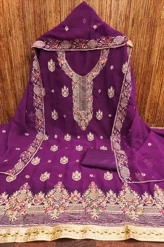 Manvaa women's purple heavy thread embroidery georgette dress material