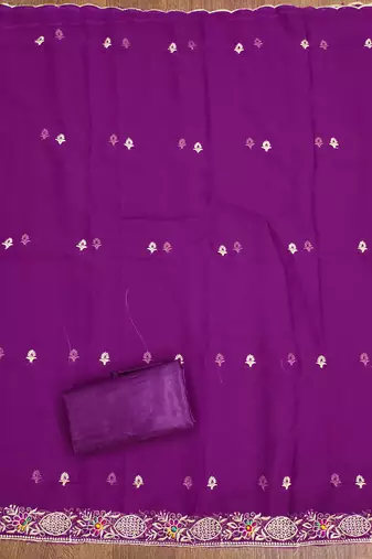 Manvaa women's purple heavy thread embroidery georgette dress material