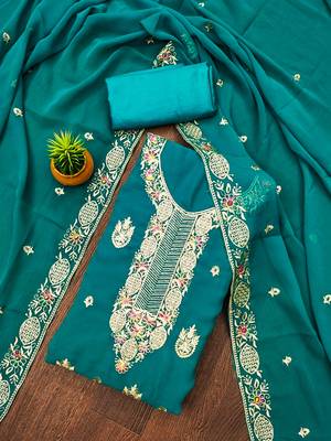Manvaa women's sea green heavy thread embroidery georgette dress material 1