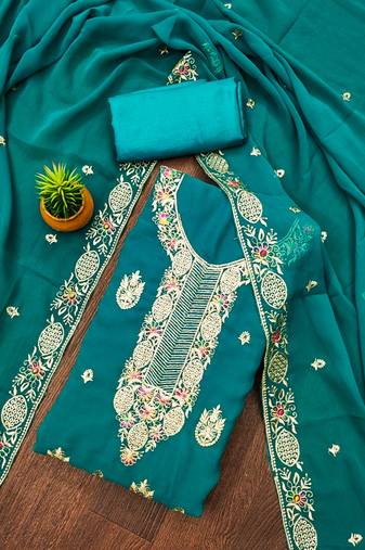 Manvaa women's sea green unstitched heavy thread embroidery georgette dress material 