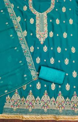 Manvaa women's sea green heavy thread embroidery georgette dress material 2