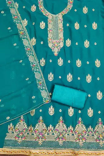 Manvaa women's sea green heavy thread embroidery georgette dress material