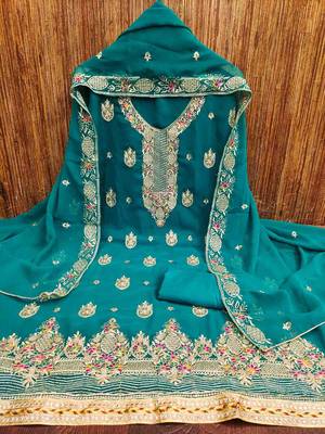 Manvaa women's sea green heavy thread embroidery georgette dress material 3