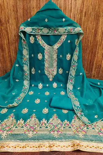 Manvaa women's sea green heavy thread embroidery georgette dress material