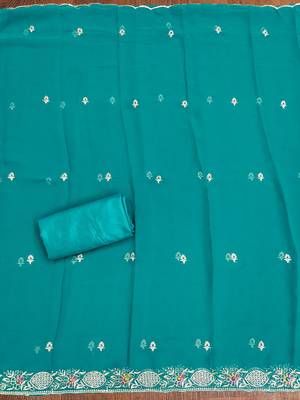 Manvaa women's sea green heavy thread embroidery georgette dress material 4