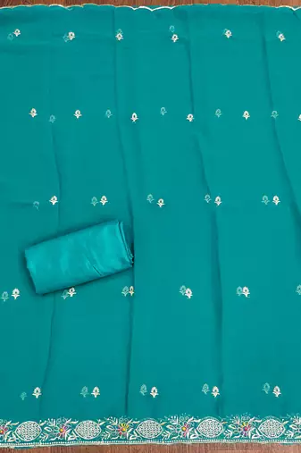 Manvaa women's sea green heavy thread embroidery georgette dress material